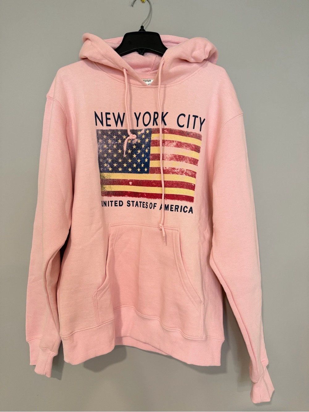 New York City Pink Pullover Hoodie with Flag Graphic